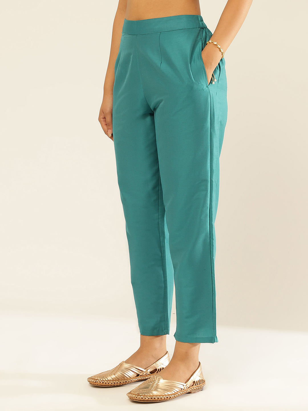 Cotton Viscose Straight Pants-Sea Green