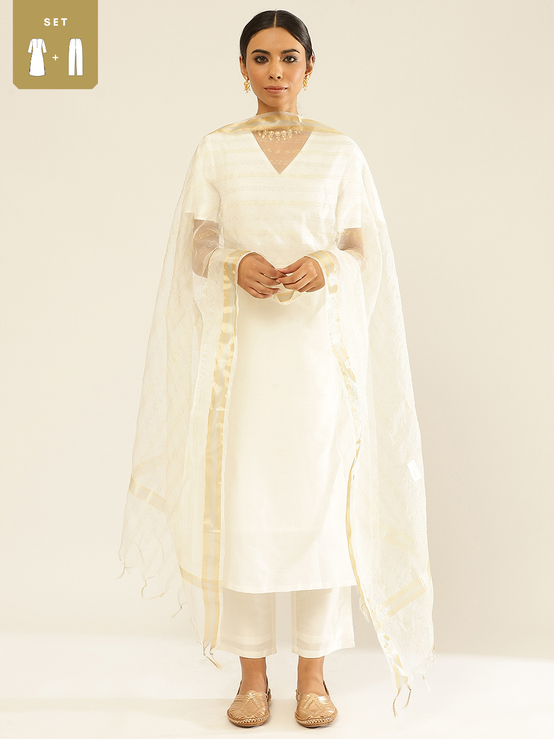 Solid color straight kurta with bell sleeves accompanied Set and Dupatta