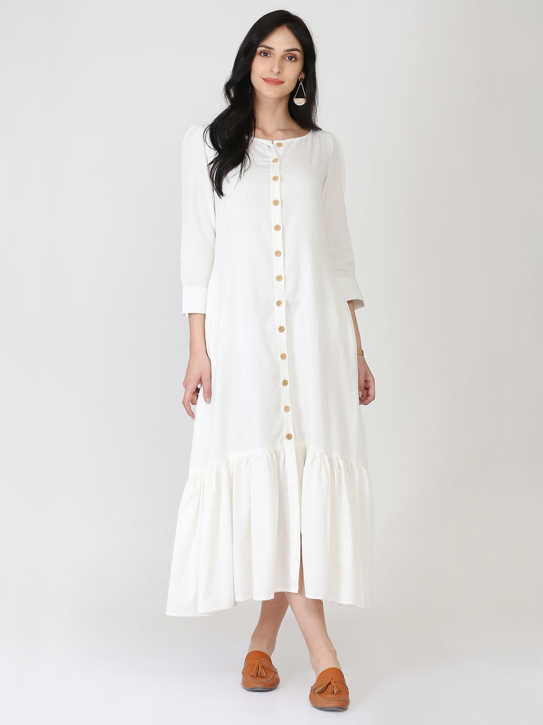 White Cotton Linen Button Down Dress