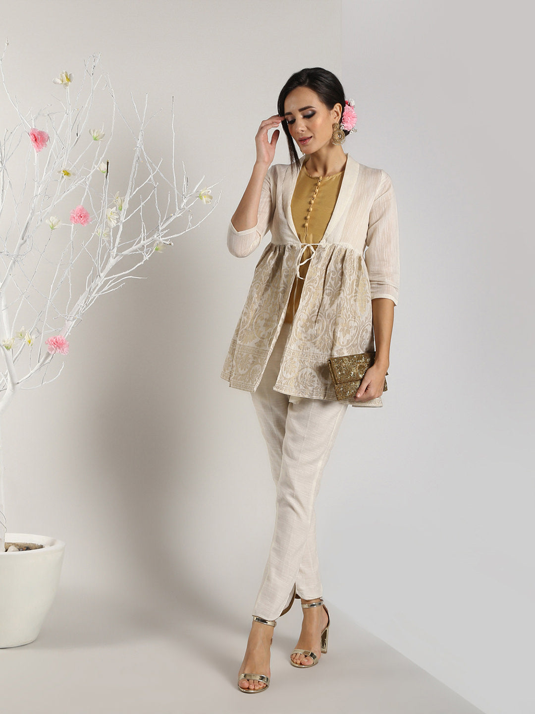 Taupe Cotton Peplum Jacket With Top