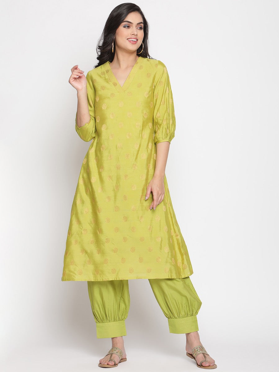 Macaw-Green A-Line Banarasi Kurta