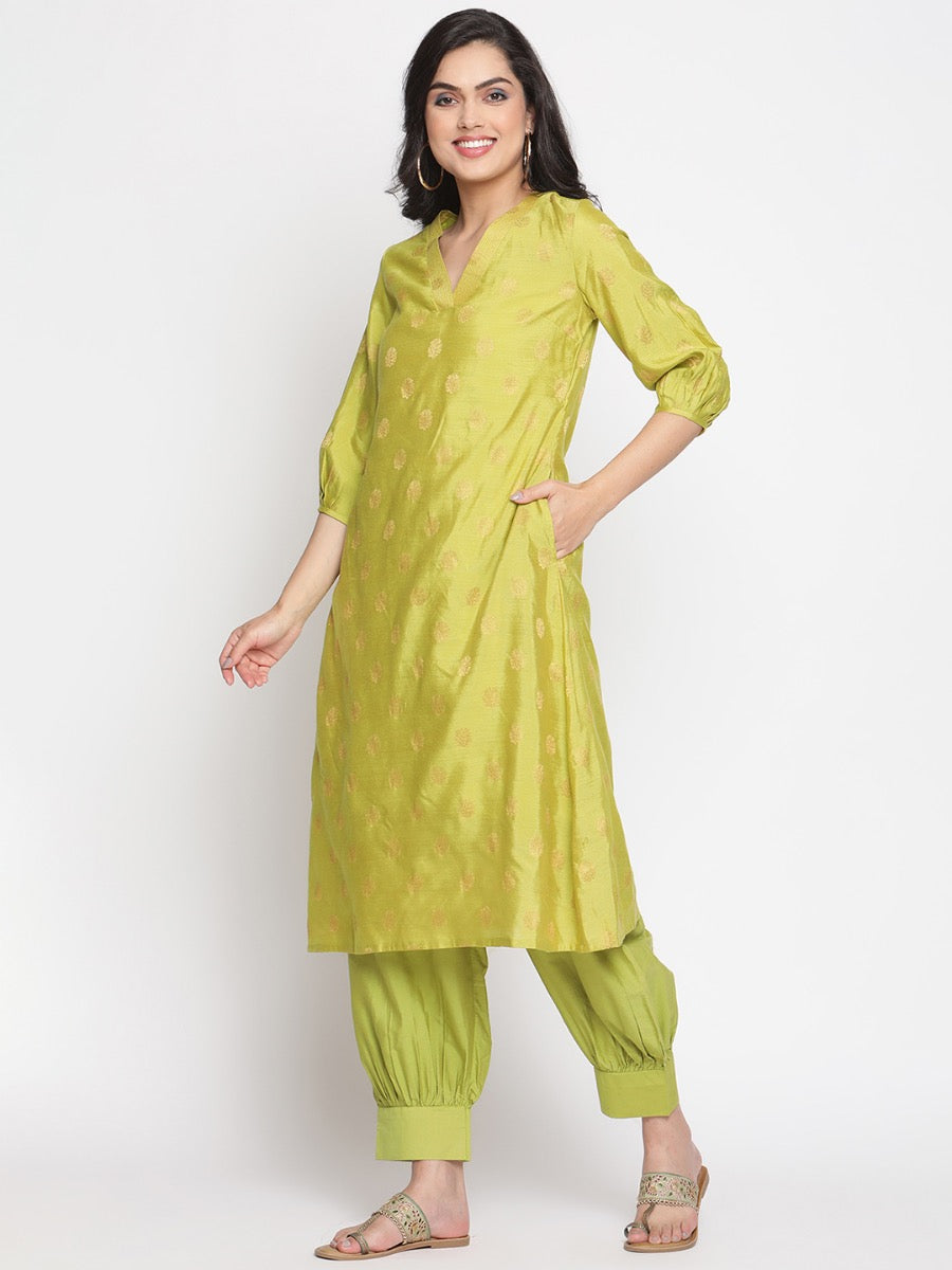 Macaw-Green A-Line Banarasi Kurta