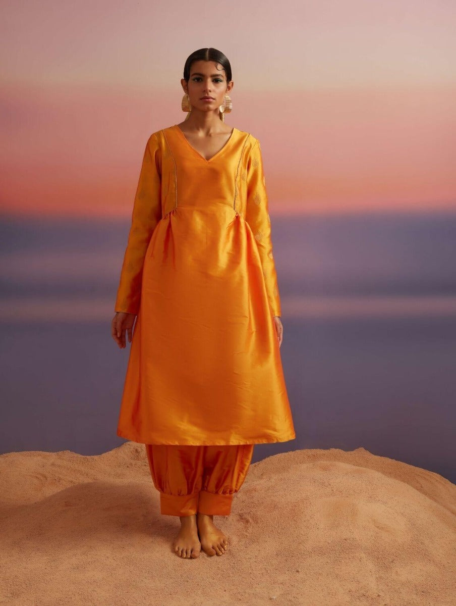 Coral Orange anarasi Kurta With Side Gathers