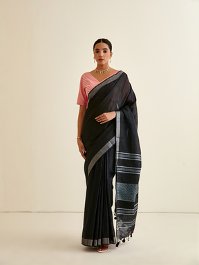 Banarasi Woven sari with silver highlights- Charcoal Black