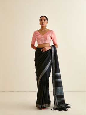 Banarasi Woven sari with silver highlights- Charcoal Black