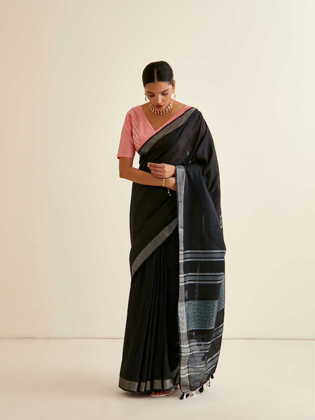 Banarasi Woven sari with silver highlights- Charcoal Black