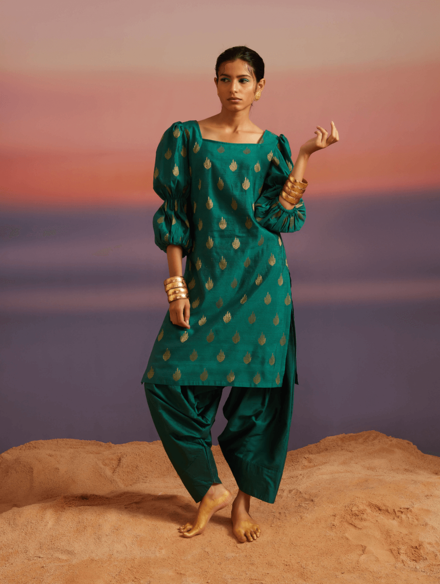 Coral Green Banarasi Kurta With Afghani Salwar