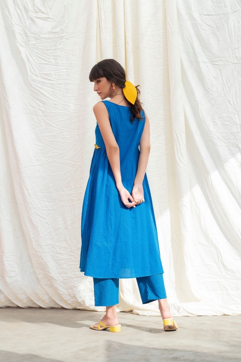 Cobalt Blue Mangalgiri Gathered Kurta With Pants