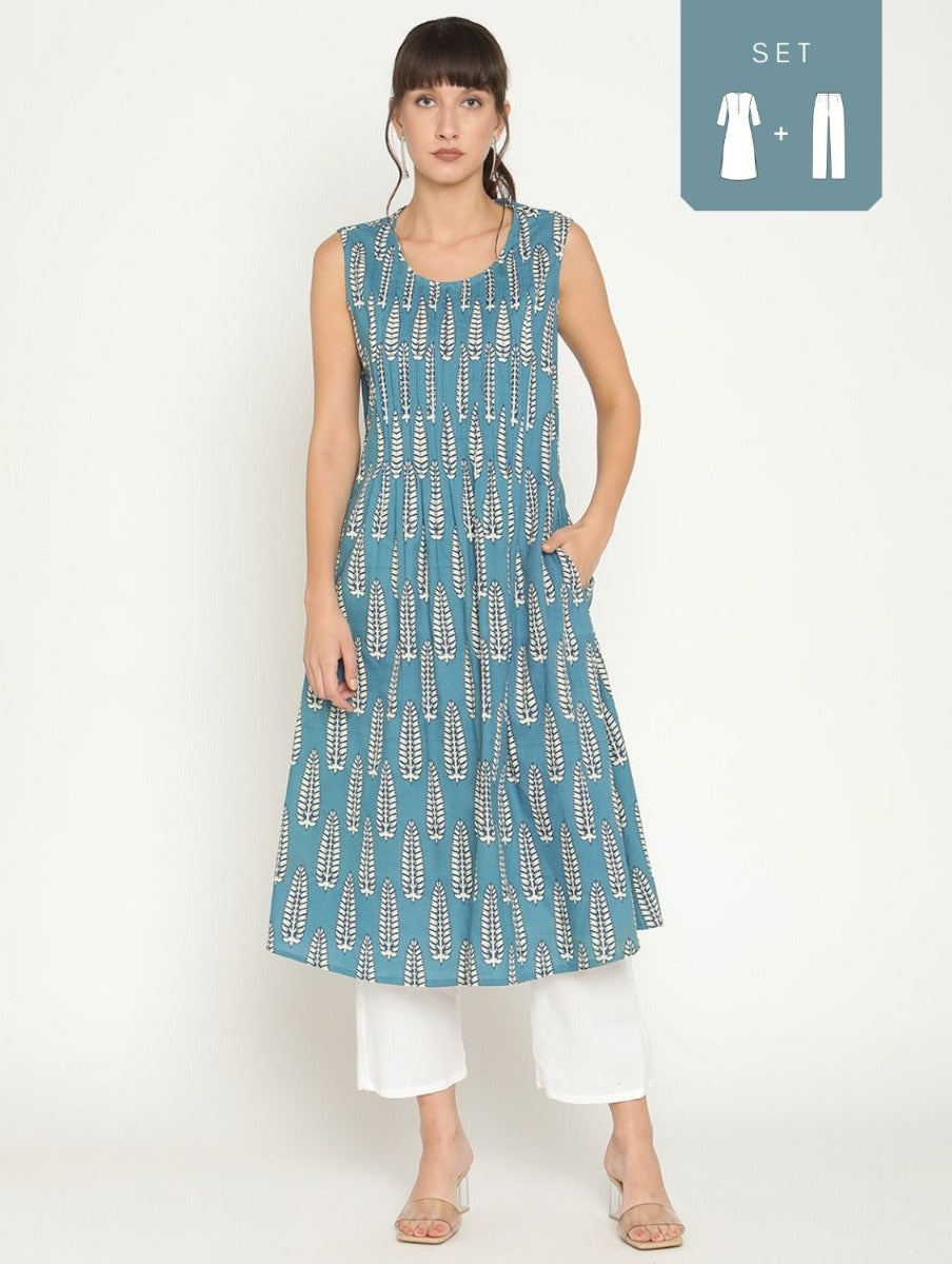 Abhishti pleated front printed kurta with straight pants-Multi