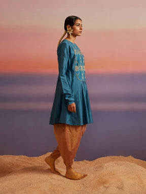 Coral-Blue Banarasi Kurti with Churidar Sleeves