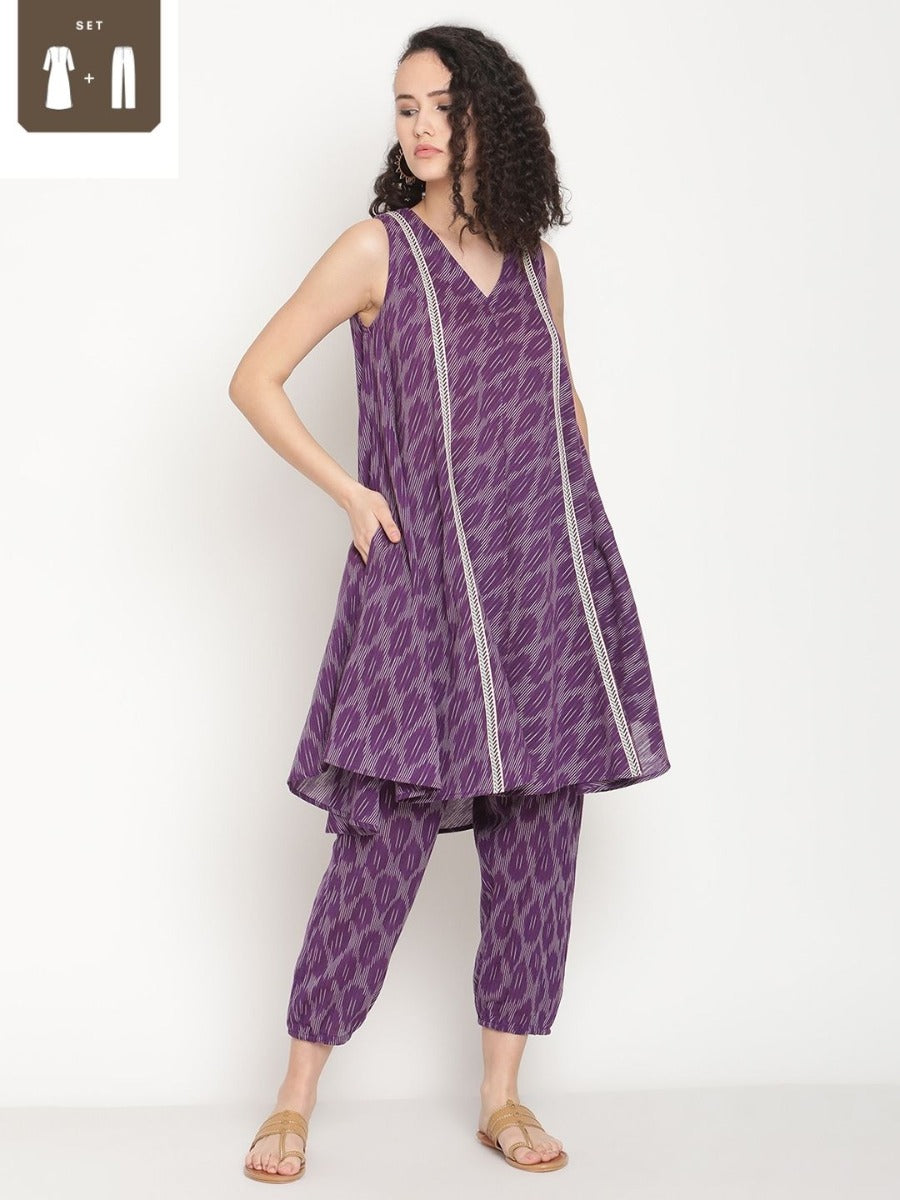 Russian Violet Ikat Kurta Paird With Slouchy Pants