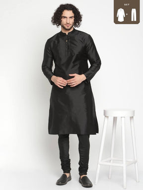 Men Black Mandarin Collar Banarasi Kurta With Pyjama