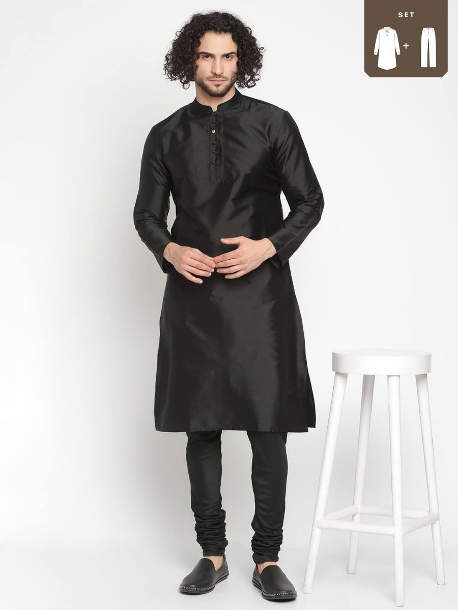 Men Black Mandarin Collar Banarasi Kurta With Pyjama