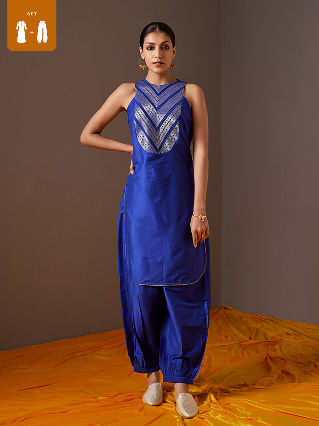 Banarasi zari Yoke high-low kurta with imperial blue pathani pants