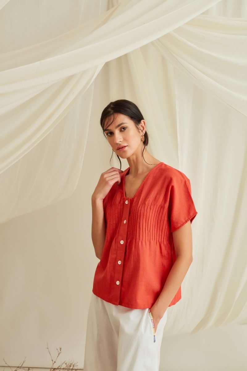 Pintucked button down top-Orange Rust