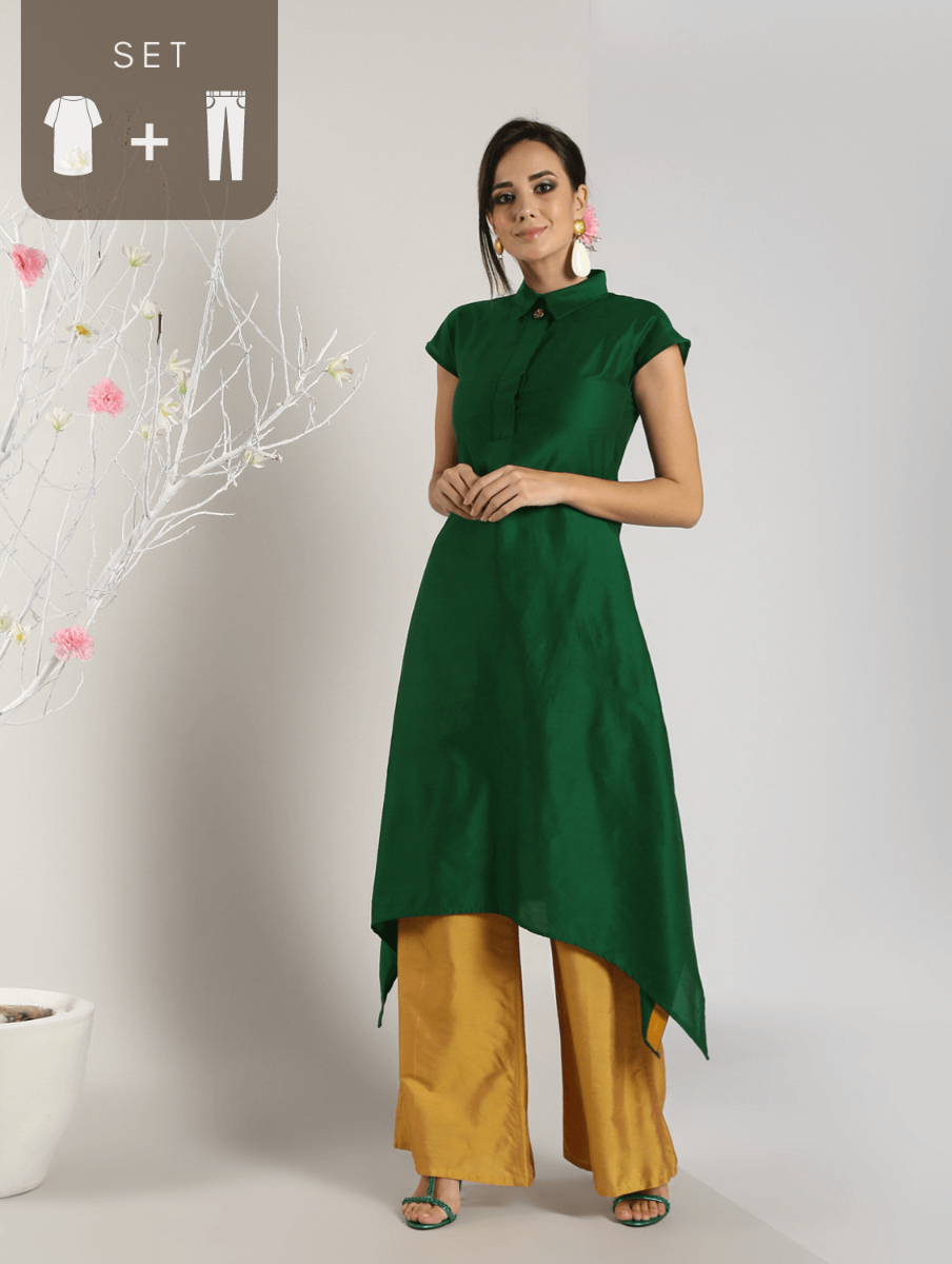 Abhishti Cotton Silk Asymmetric Kurta side details with Bottom