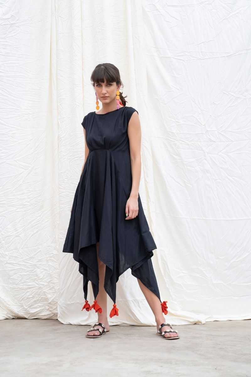 Midnight-Black Mangalgiri Cotton Handkerchief Dress