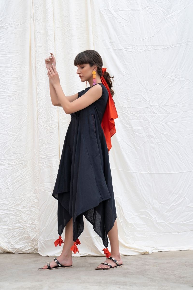 Midnight-Black Mangalgiri Cotton Handkerchief Dress