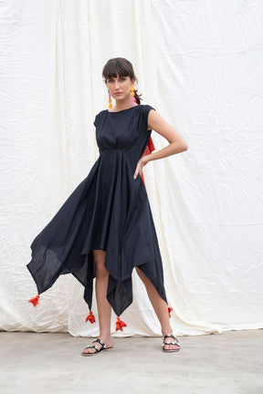 Midnight-Black Mangalgiri Cotton Handkerchief Dress