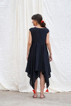 Midnight-Black Mangalgiri Cotton Handkerchief Dress