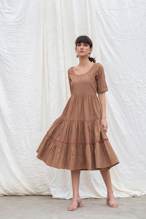Russet-Brown Mangalgiri Cotton Tiered Dress