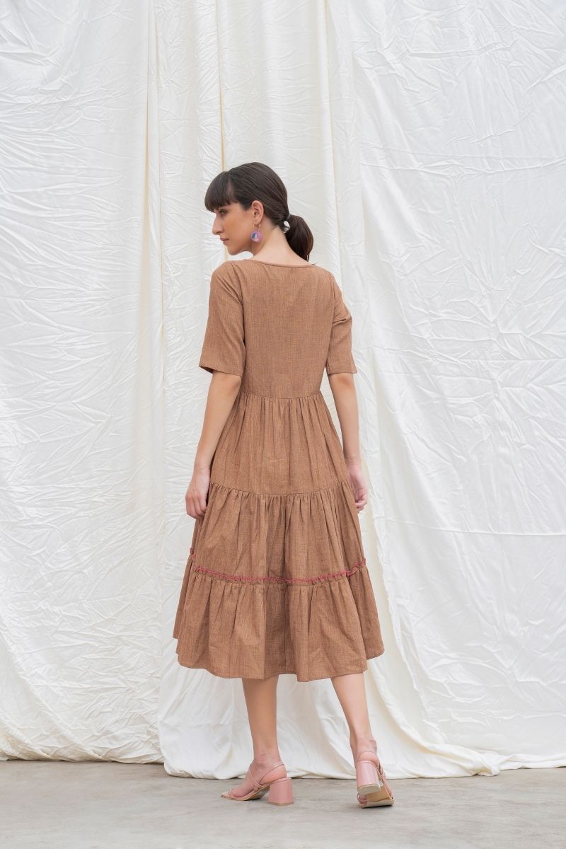 Russet-Brown Mangalgiri Cotton Tiered Dress