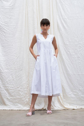 Marshmellow-White Cotton Poplin Box Pleated Dress