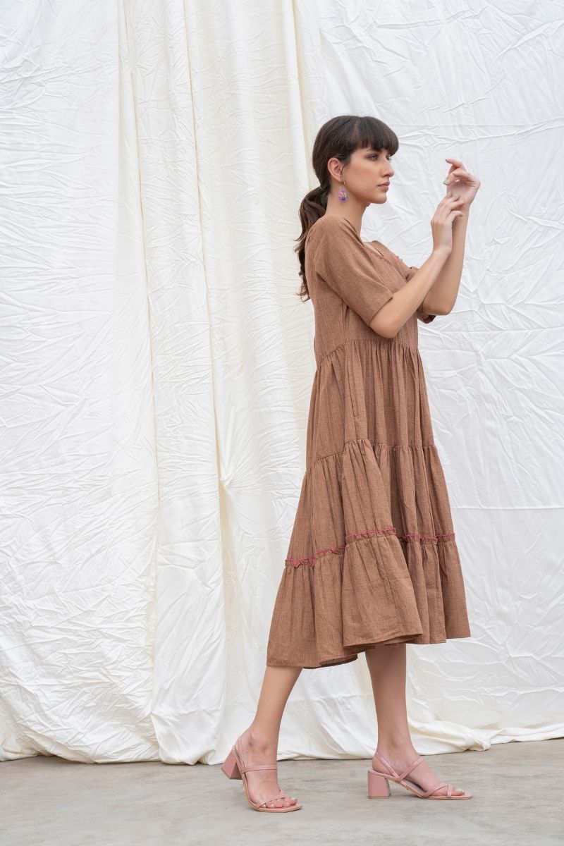 Russet-Brown Mangalgiri Cotton Tiered Dress