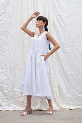 Marshmellow-White Cotton Poplin Box Pleated Dress