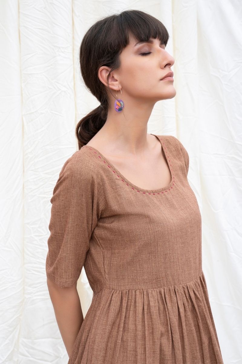 Russet-Brown Mangalgiri Cotton Tiered Dress