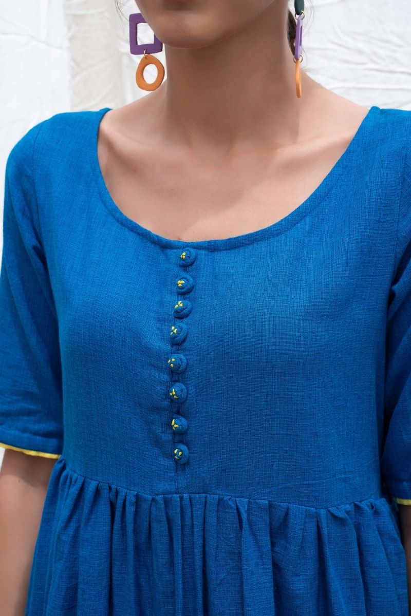 Cobalt-Blue Mangalgiri Cotton Button Down Kurta