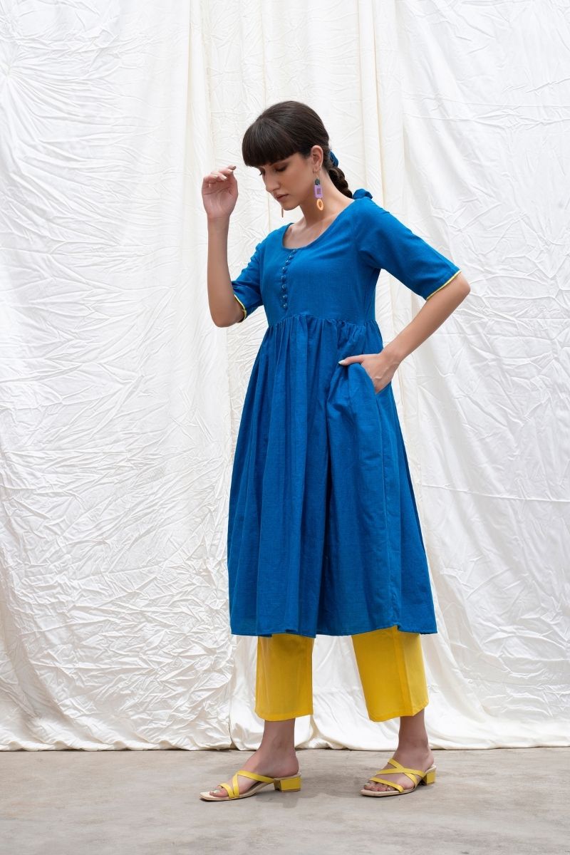 Cobalt-Blue Mangalgiri Cotton Button Down Kurta