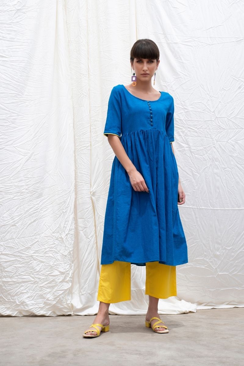 Cobalt-Blue Mangalgiri Cotton Button Down Kurta