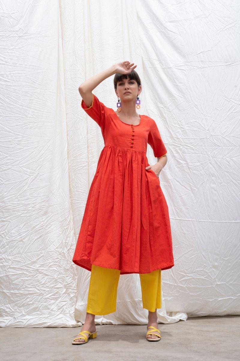 Orange-Rust Mangalgiri Cotton Button Down Kurta