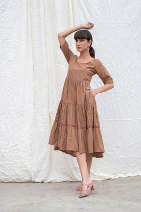 Russet-Brown Mangalgiri Cotton Tiered Dress