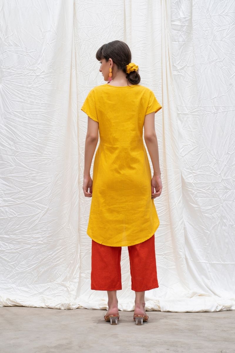 Dandelion-Yellow Mangalgiri Cotton High-Low Tunic