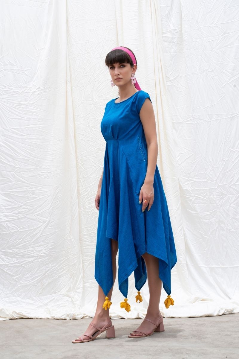 Cobalt-Blue Mangalgiri Cotton Handkercheif Dress