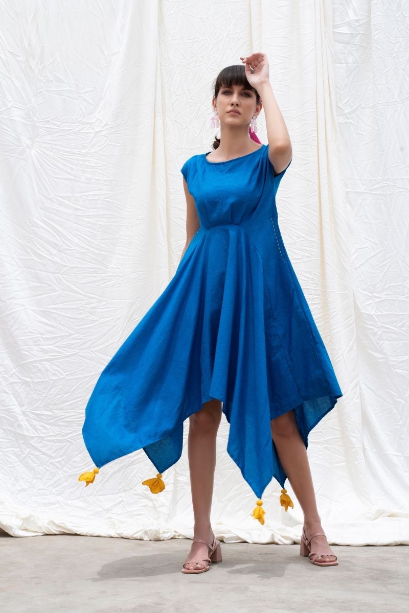 Cobalt-Blue Mangalgiri Cotton Handkercheif Dress