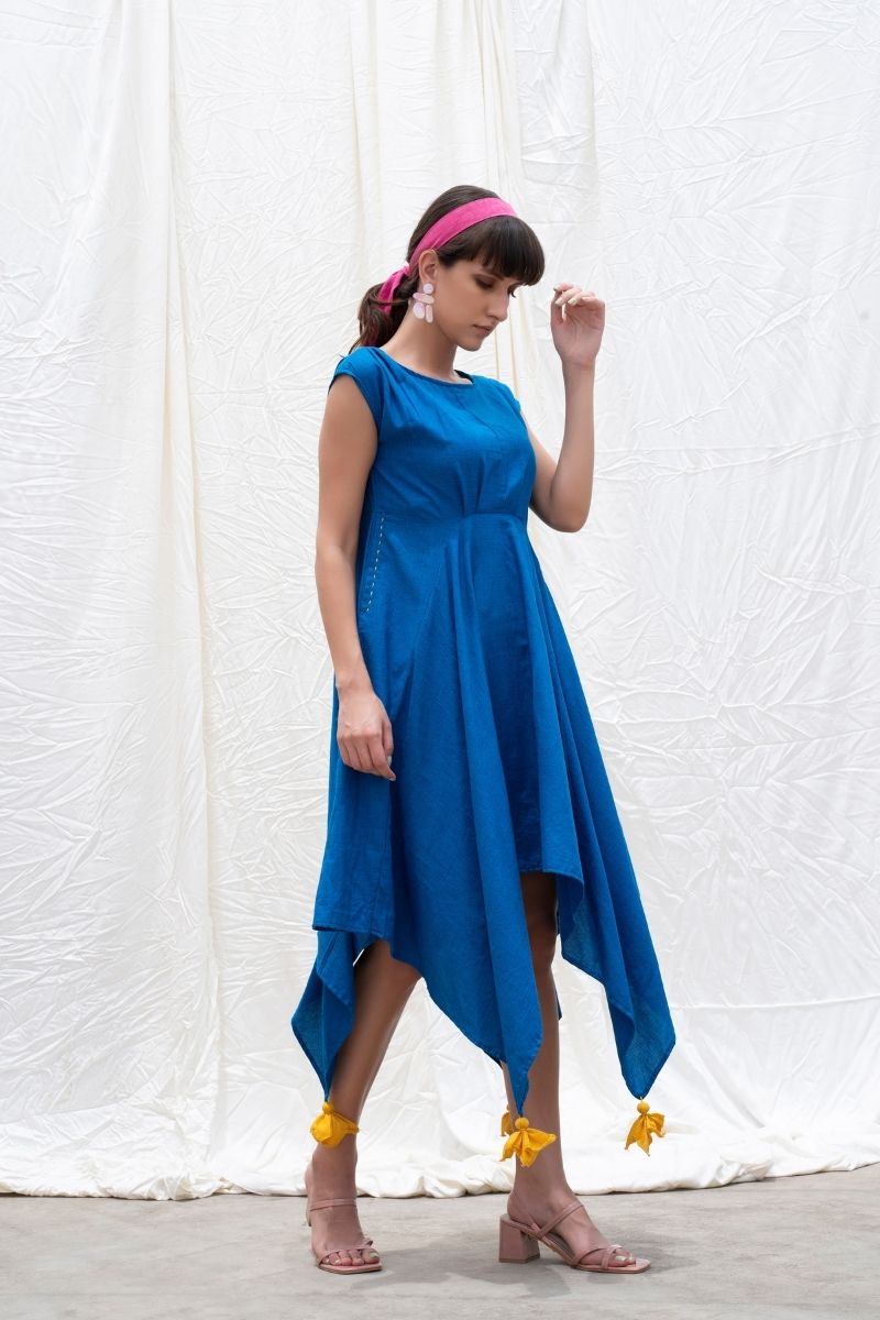 Cobalt-Blue Mangalgiri Cotton Handkercheif Dress