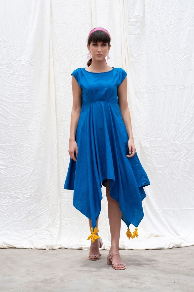 Cobalt-Blue Mangalgiri Cotton Handkercheif Dress