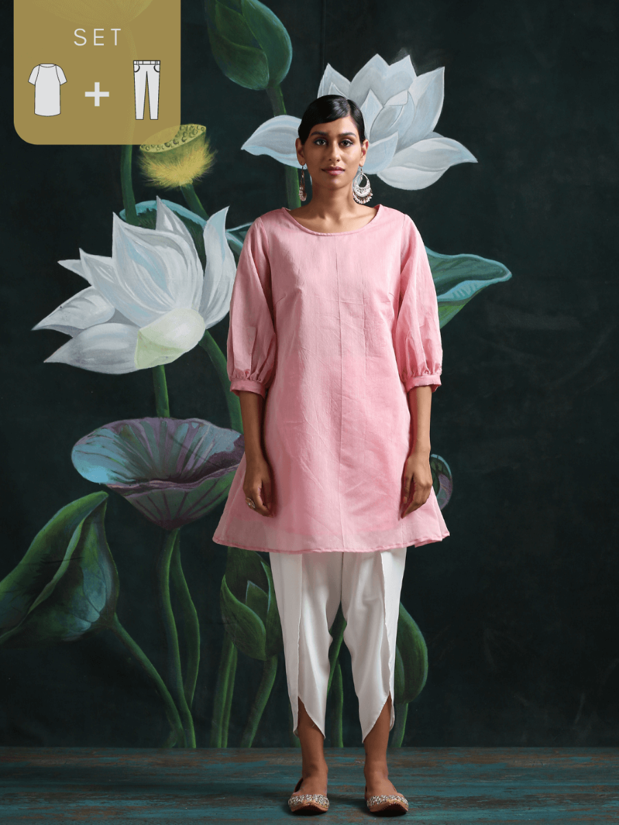 Chandheri flared kurti with overlapping gathered sleeves and tulip pants Pink