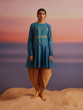 Coral-Blue Banarasi Kurti with Churidar Sleeves