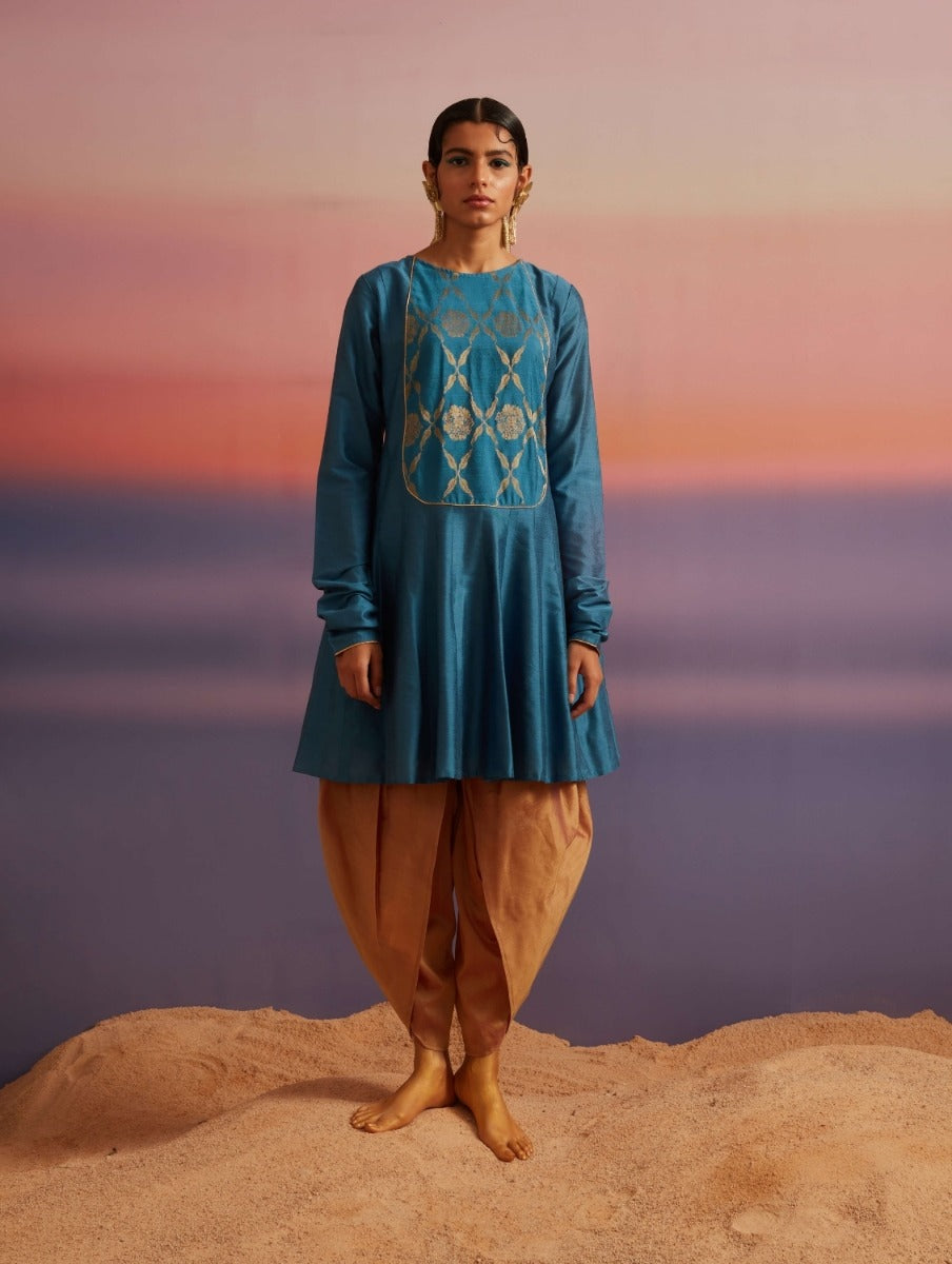 Coral-Blue Banarasi Kurti with Churidar Sleeves