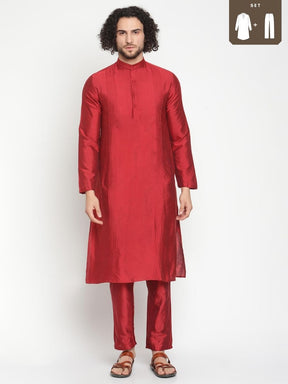 Men Maroon Banarasi Kurta With Straight Pyjama
