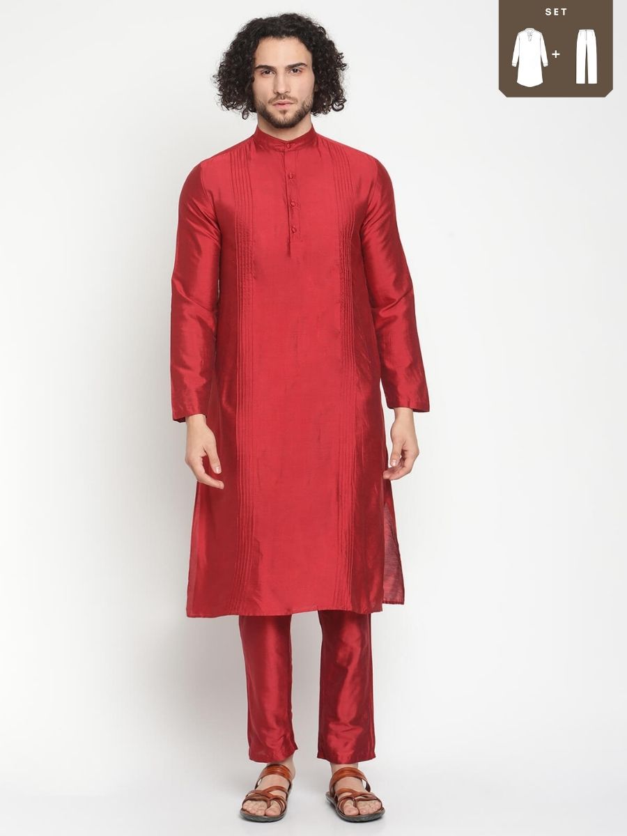 Men Maroon Banarasi Kurta With Straight Pyjama
