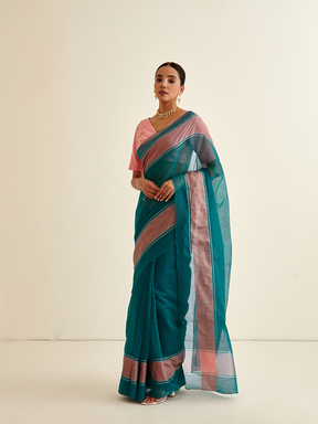 Banarasi Woven sari with contrasting border-Sapphire Blue