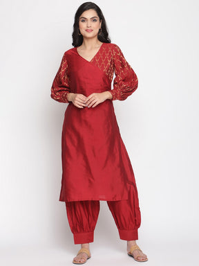 Coral-Red Overlapped Neckline Banarasi Kurta