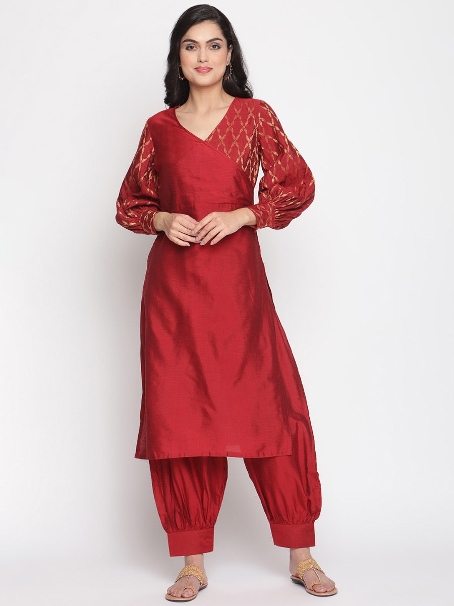 Coral-Red Overlapped Neckline Banarasi Kurta