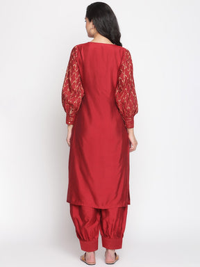 Coral-Red Overlapped Neckline Banarasi Kurta