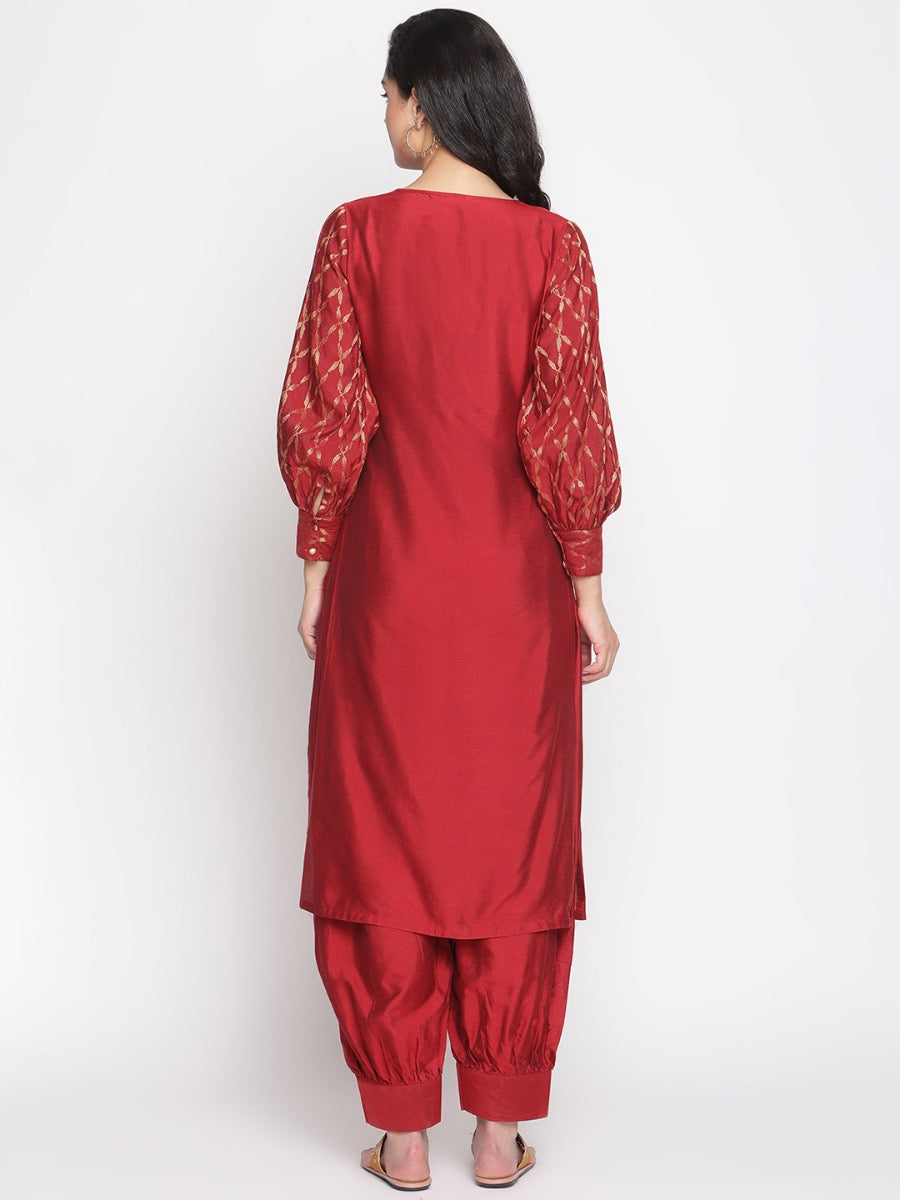 Coral-Red Overlapped Neckline Banarasi Kurta